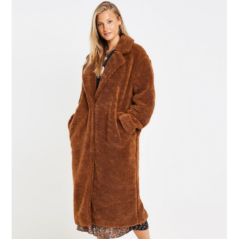 Urban Outfitters Brown Long Teddy Coat Faux Fur